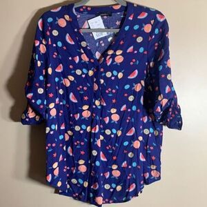 Mandee Dark Blue Fruit Themed Top NWT